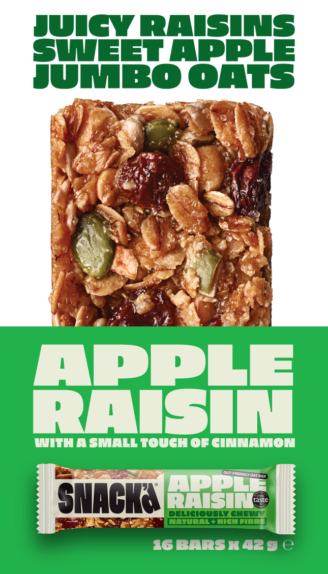 Apple Raisin oat bar with juicy raisins, sweet apple, and jumbo oats. Chewy and natural high-fibre snack bar with a touch of cinnamon. Packaging shows 'SNACK Apple Raisin' branding and 16 bars per pack. Delicious and gut-friendly oat bar made with wholesome ingredients.