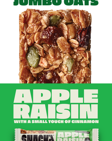 Apple Raisin oat bar with juicy raisins, sweet apple, and jumbo oats. Chewy and natural high-fibre snack bar with a touch of cinnamon. Packaging shows 'SNACK Apple Raisin' branding and 16 bars per pack. Delicious and gut-friendly oat bar made with wholesome ingredients.