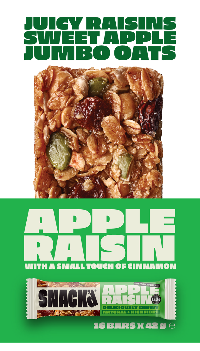 Apple Raisin oat bar with juicy raisins, sweet apple, and jumbo oats. Chewy and natural high-fibre snack bar with a touch of cinnamon. Packaging shows 'SNACK Apple Raisin' branding and 16 bars per pack. Delicious and gut-friendly oat bar made with wholesome ingredients.