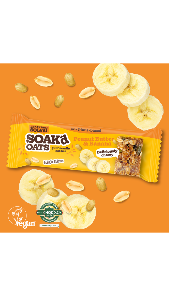 Soak’d Oats Peanut Butter & Banana bar – vegan, gut-friendly, high fibre oat snack with chewy texture and natural ingredients