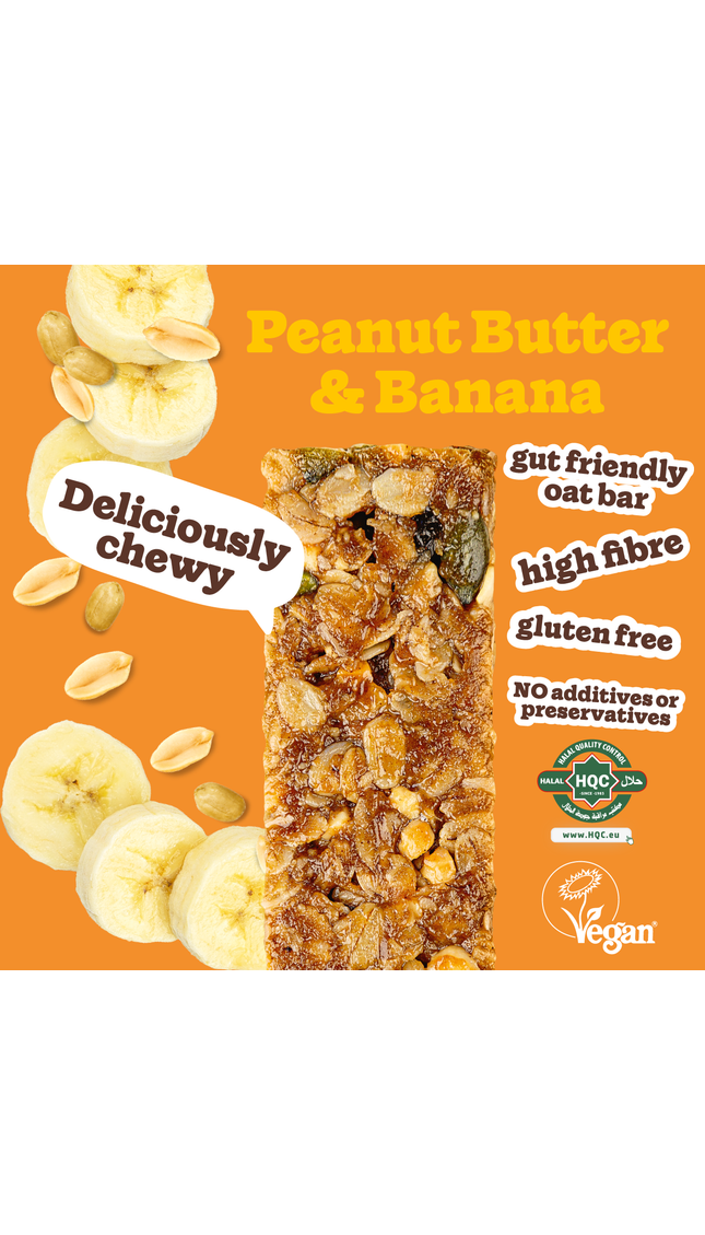 Chewy peanut butter & banana oat bar – gut-friendly, high fibre, gluten-free, no additives, vegan and halal certified