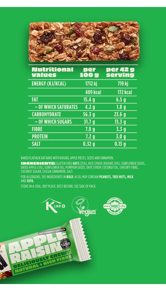 SNACK Apple Raisin oat bar nutritional information and ingredients. Chewy, high-fibre oat bar made with gluten-free oats, raisins, apple pieces, seeds, and cinnamon. Vegan, halal, and Great Taste Award certified snack bar. 172 kcal per bar with 3.3g fibre and 3g protein