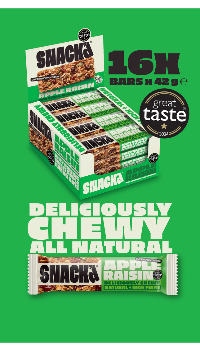 Box of 16 Apple Raisin oat bars by SNACK. Chewy, all-natural, high-fibre snack bars made with juicy raisins, sweet apple, and jumbo oats. Great Taste Award 2024 winner. Perfect healthy oat snack bar for energy, gut-friendly and naturally deliciouss